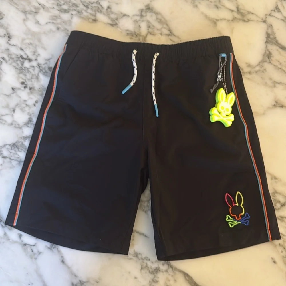 NWOT Psycho Bunny Leo Hydrochromic Swim Trunks Boys 14/16 - Black Neon Logo